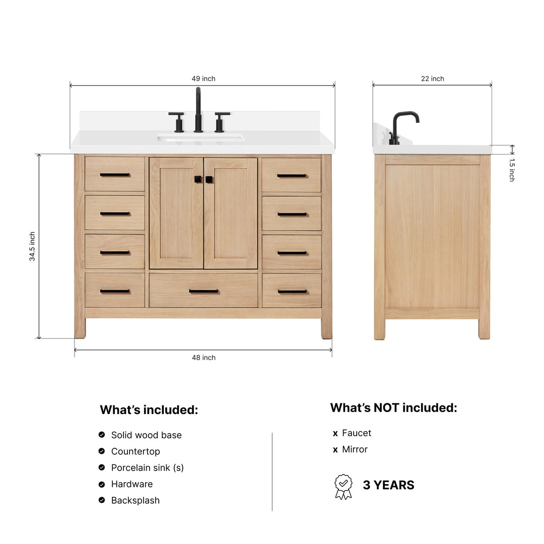 ARIEL Cambridge 48-inch Bathroom Vanity with Sink,Solid Wood, 1.5-inch Pure White Quartz Countertop, Single Rectangular Porcelain Sink, 2 Soft Closing Doors, 9 Dovetail Drawers, White Oak 