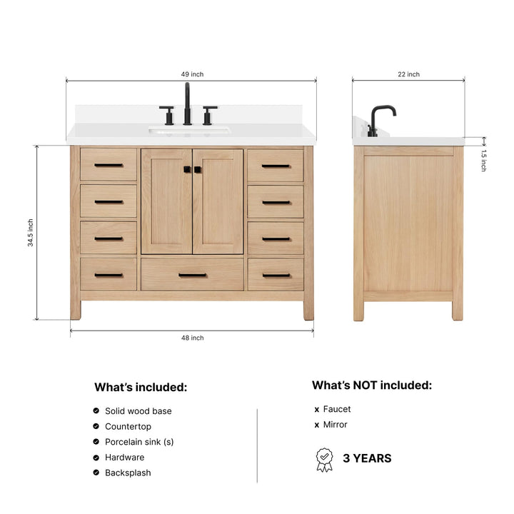ARIEL Cambridge 48-inch Bathroom Vanity with Sink,Solid Wood, 1.5-inch Pure White Quartz Countertop, Single Rectangular Porcelain Sink, 2 Soft Closing Doors, 9 Dovetail Drawers, White Oak 