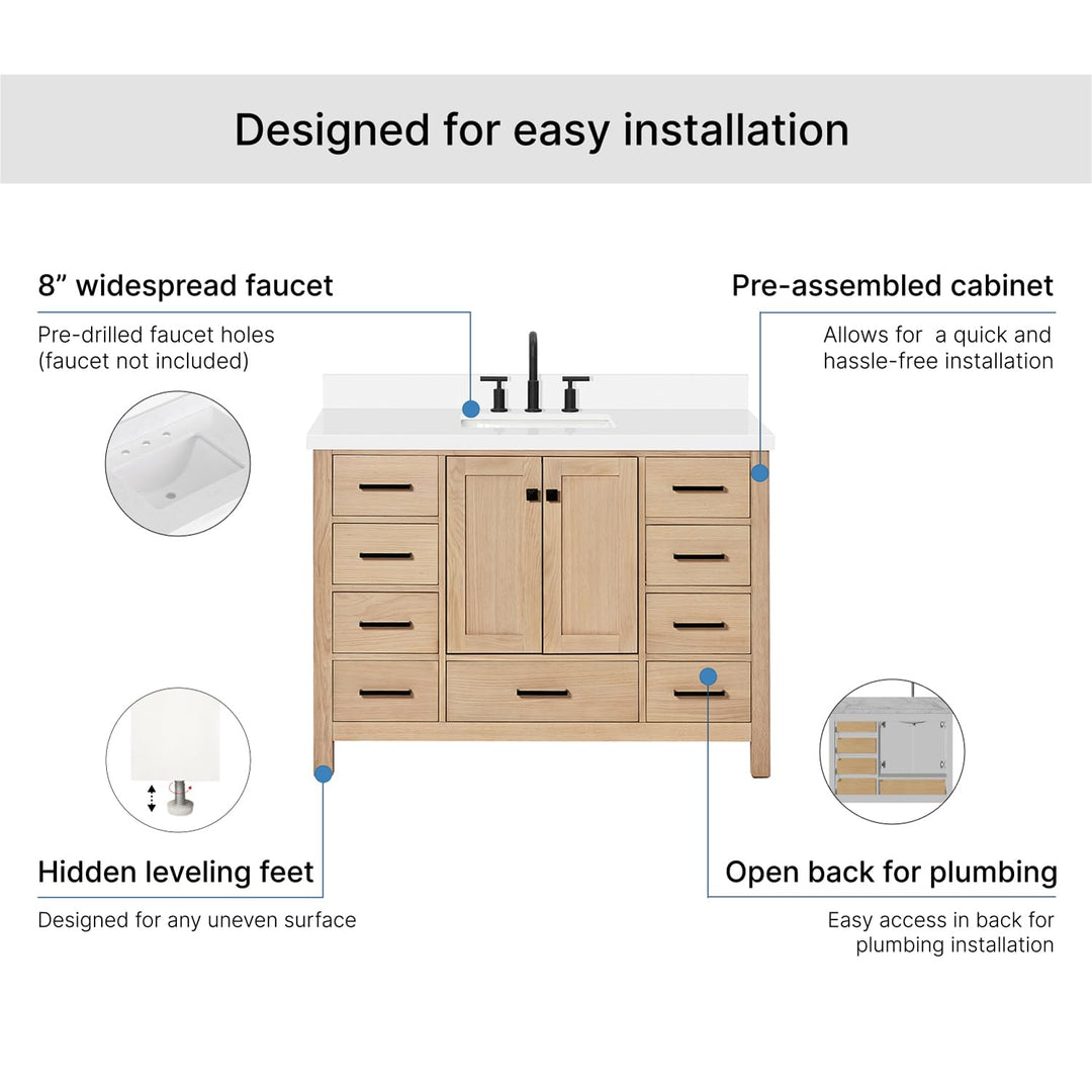 ARIEL Cambridge 48-inch Bathroom Vanity with Sink,Solid Wood, 1.5-inch Pure White Quartz Countertop, Single Rectangular Porcelain Sink, 2 Soft Closing Doors, 9 Dovetail Drawers, White Oak 