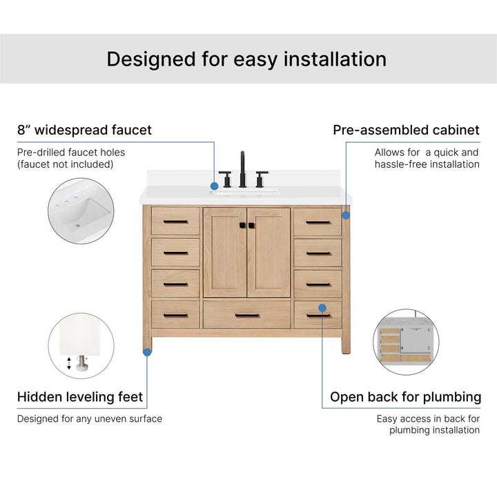 ARIEL Cambridge 48-inch Bathroom Vanity with Sink,Solid Wood, 1.5-inch Pure White Quartz Countertop, Single Rectangular Porcelain Sink, 2 Soft Closing Doors, 9 Dovetail Drawers, White Oak 