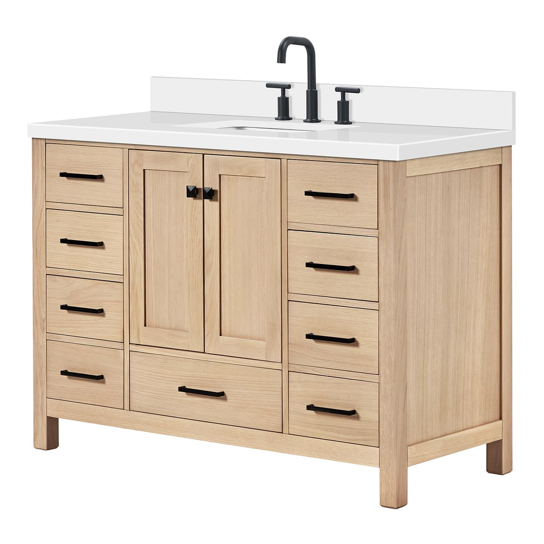 ARIEL Cambridge 48-inch Bathroom Vanity with Sink,Solid Wood, 1.5-inch Pure White Quartz Countertop, Single Rectangular Porcelain Sink, 2 Soft Closing Doors, 9 Dovetail Drawers, White Oak 