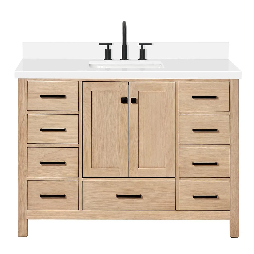 ARIEL Cambridge 48-inch Bathroom Vanity with Sink,Solid Wood, 1.5-inch Pure White Quartz Countertop, Single Rectangular Porcelain Sink, 2 Soft Closing Doors, 9 Dovetail Drawers, White Oak 