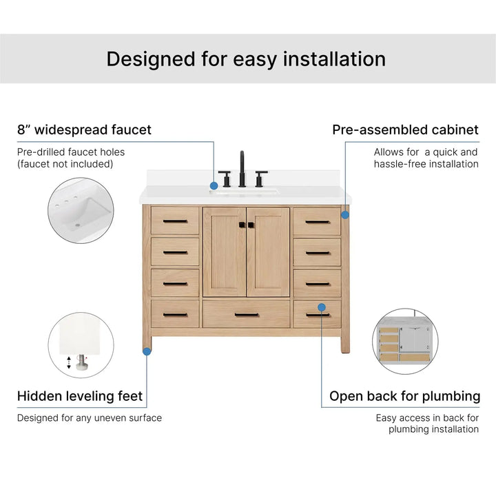 ARIEL Cambridge 48-inch Bathroom Vanity with Sink,Solid Wood, 1.5-inch Pure White Quartz Countertop, Single Rectangular Porcelain Sink, 2 Soft Closing Doors, 9 Dovetail Drawers, White Oak 