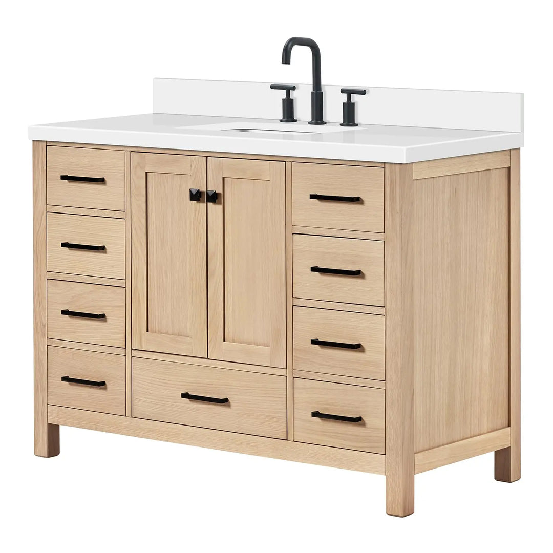 ARIEL Cambridge 48-inch Bathroom Vanity with Sink,Solid Wood, 1.5-inch Pure White Quartz Countertop, Single Rectangular Porcelain Sink, 2 Soft Closing Doors, 9 Dovetail Drawers, White Oak 