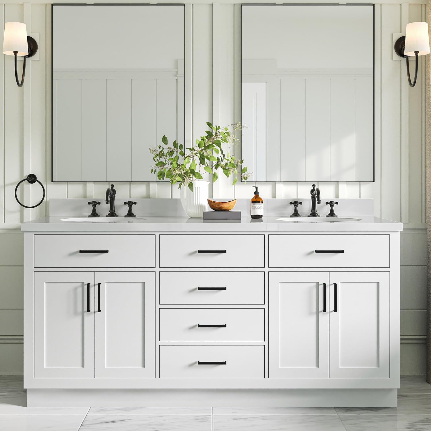 ARIEL Hepburn 72-inch Bathroom Vanity with Sink,Solid Wood, 1.5-inch Pure White Quartz Countertop & Backsplash, Double Oval Porcelain Sink, 4 Soft Closing Doors, 6 Dovetail Drawers, White 