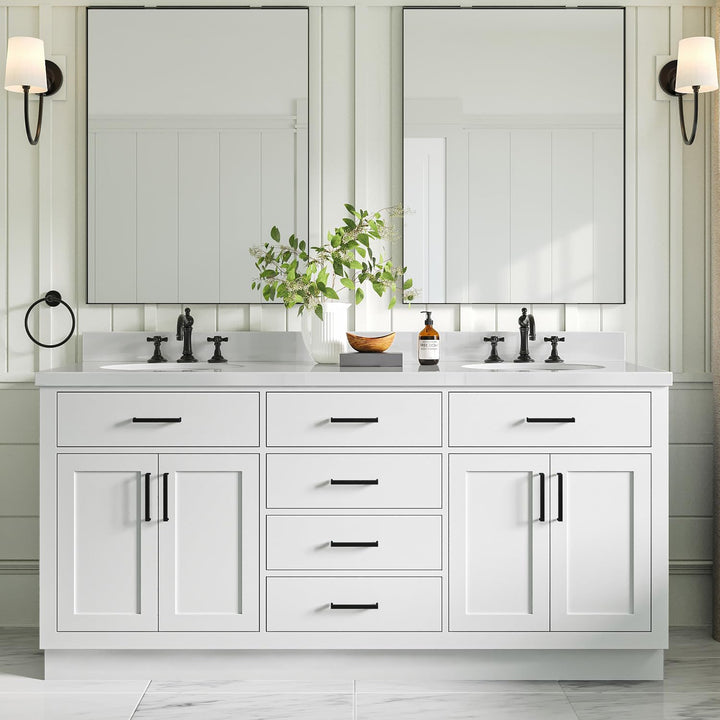 ARIEL Hepburn 72-inch Bathroom Vanity with Sink,Solid Wood, 1.5-inch Pure White Quartz Countertop &amp; Backsplash, Double Oval Porcelain Sink, 4 Soft Closing Doors, 6 Dovetail Drawers, White 