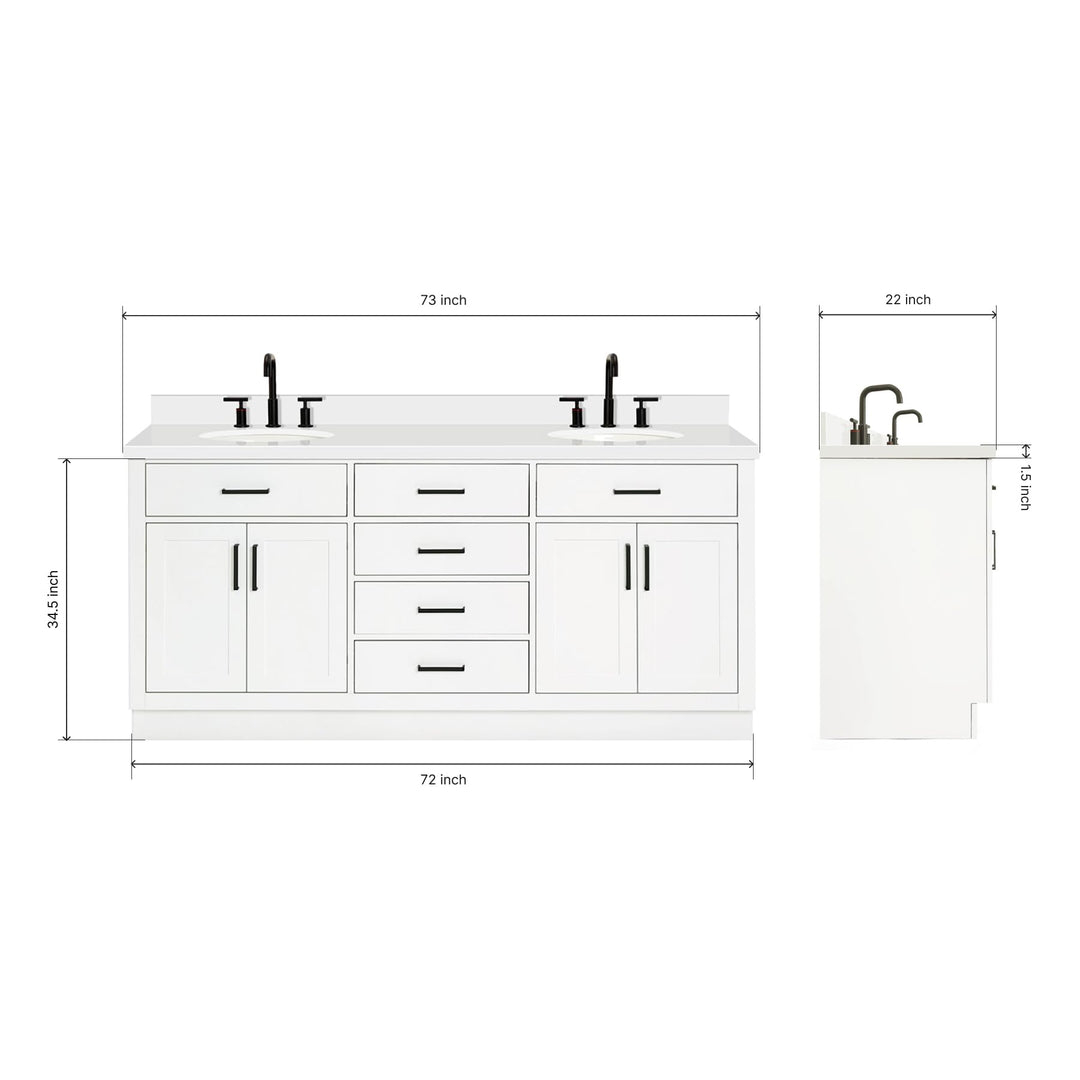 ARIEL Hepburn 72-inch Bathroom Vanity with Sink,Solid Wood, 1.5-inch Pure White Quartz Countertop &amp; Backsplash, Double Oval Porcelain Sink, 4 Soft Closing Doors, 6 Dovetail Drawers, White 