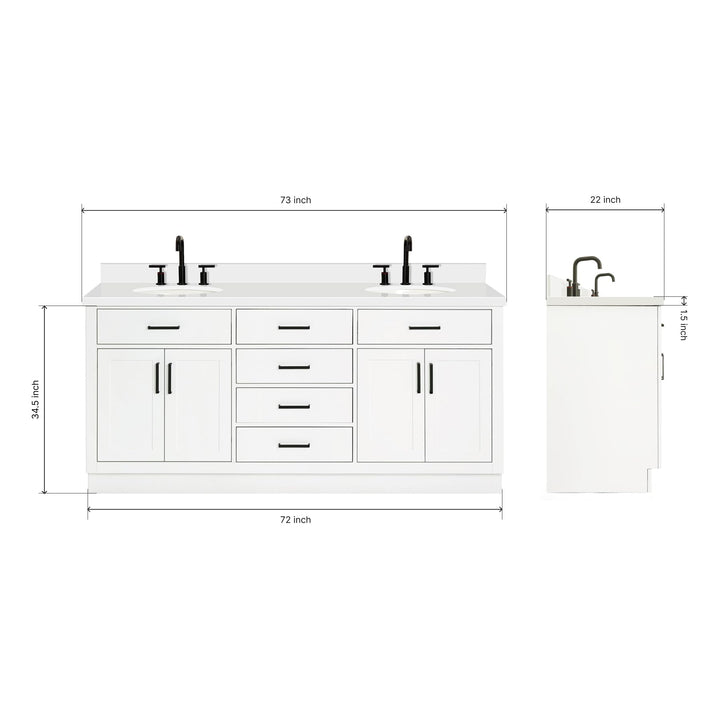 ARIEL Hepburn 72-inch Bathroom Vanity with Sink,Solid Wood, 1.5-inch Pure White Quartz Countertop &amp; Backsplash, Double Oval Porcelain Sink, 4 Soft Closing Doors, 6 Dovetail Drawers, White 