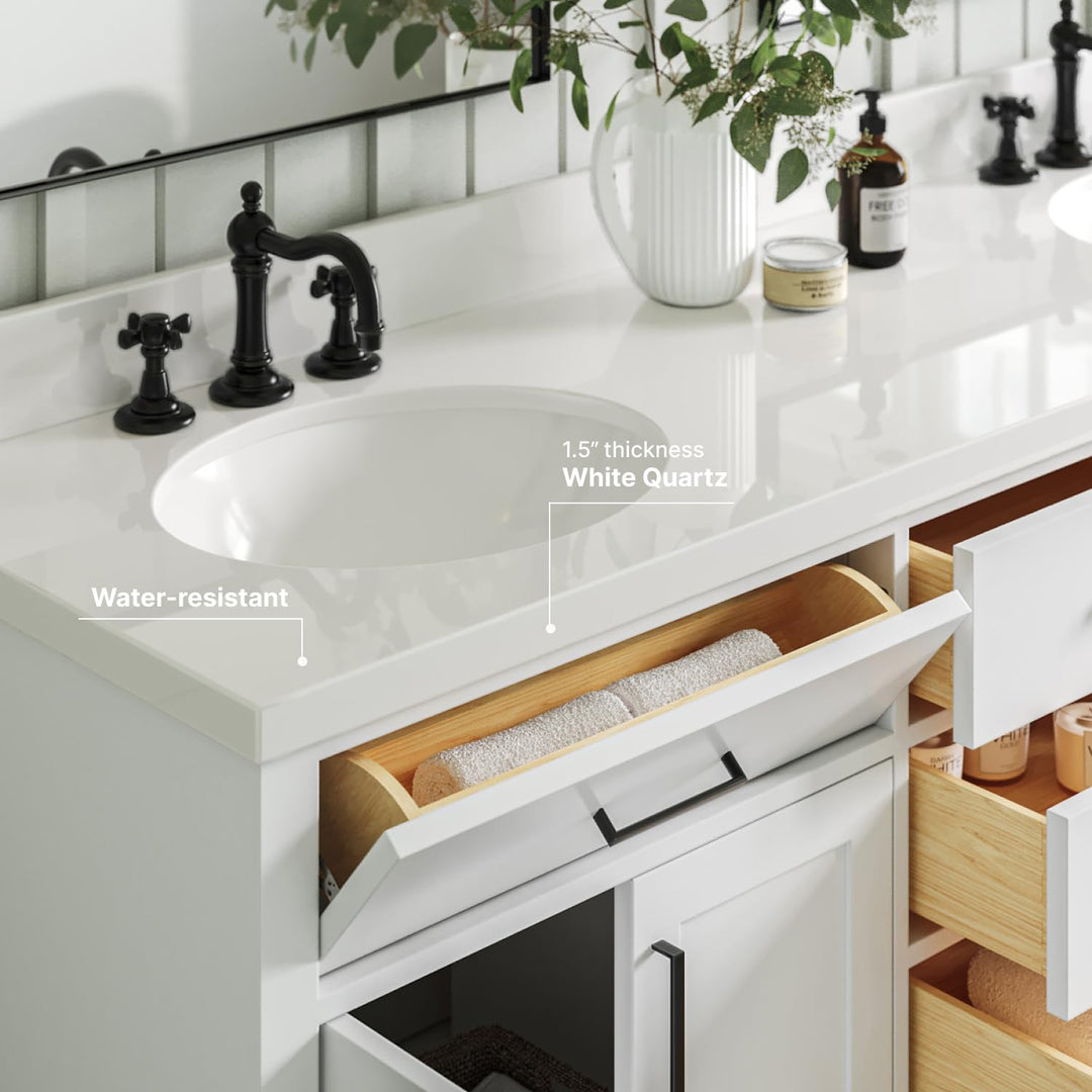 ARIEL Hepburn 72-inch Bathroom Vanity with Sink,Solid Wood, 1.5-inch Pure White Quartz Countertop &amp; Backsplash, Double Oval Porcelain Sink, 4 Soft Closing Doors, 6 Dovetail Drawers, White 