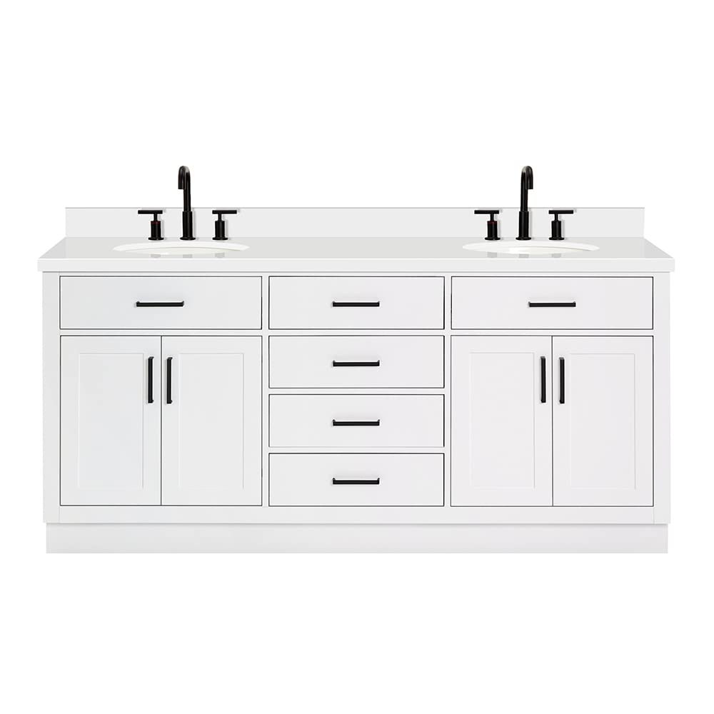 ARIEL Hepburn 72-inch Bathroom Vanity with Sink,Solid Wood, 1.5-inch Pure White Quartz Countertop &amp; Backsplash, Double Oval Porcelain Sink, 4 Soft Closing Doors, 6 Dovetail Drawers, White 