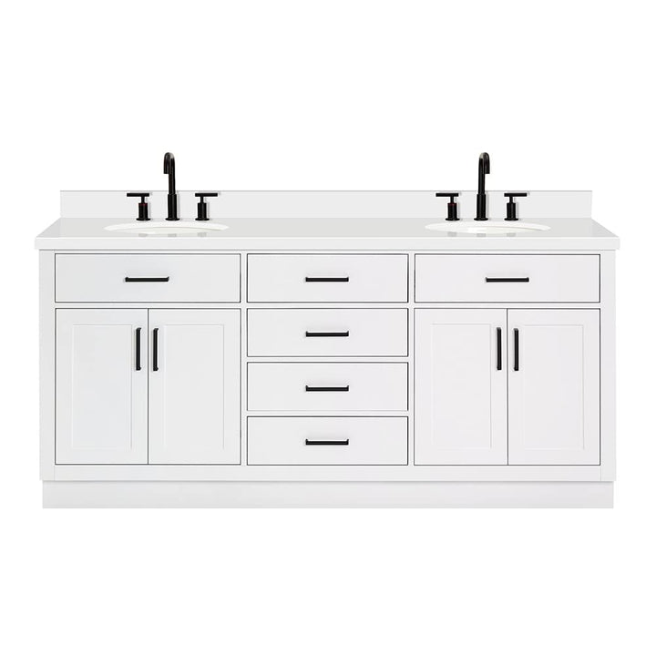 ARIEL Hepburn 72-inch Bathroom Vanity with Sink,Solid Wood, 1.5-inch Pure White Quartz Countertop &amp; Backsplash, Double Oval Porcelain Sink, 4 Soft Closing Doors, 6 Dovetail Drawers, White 