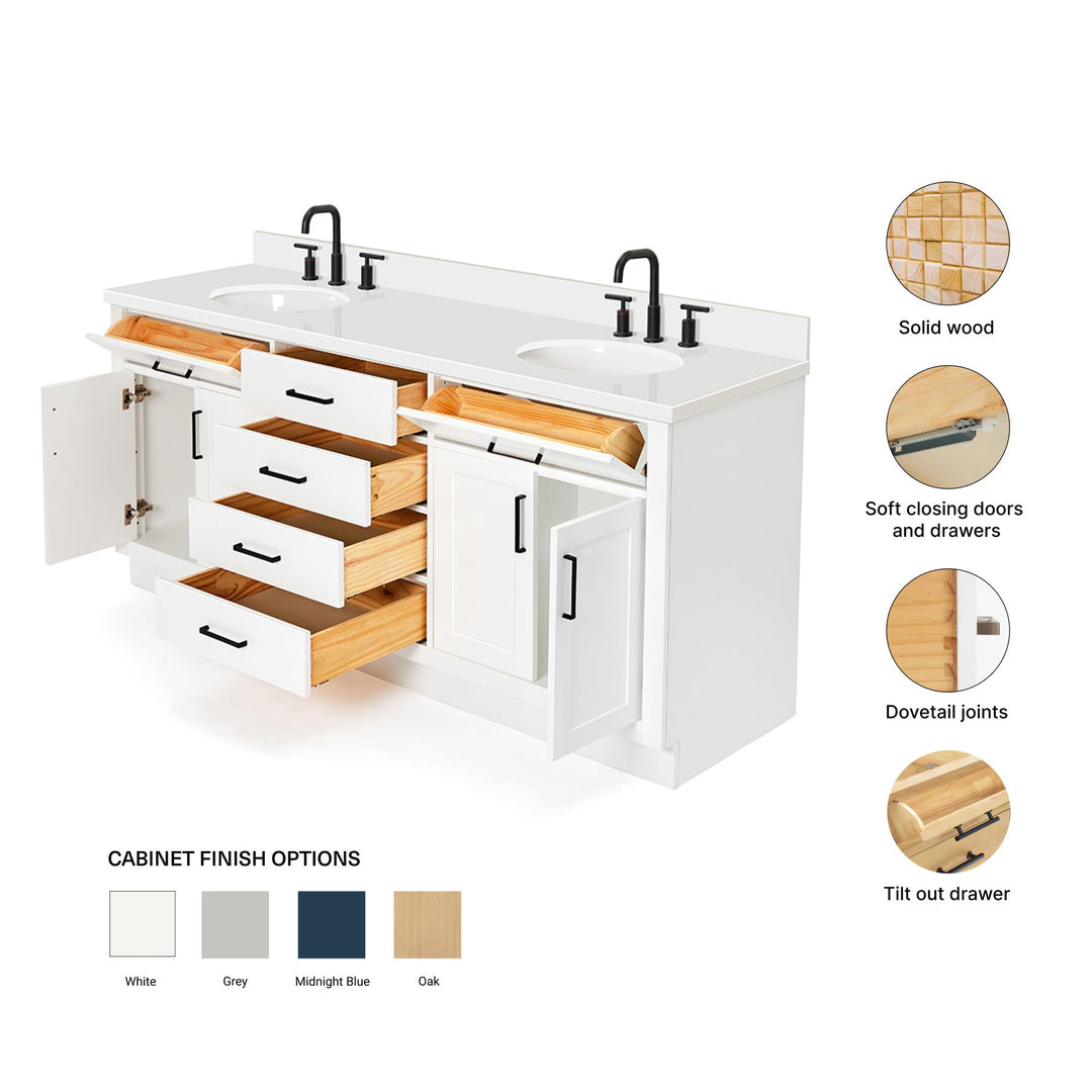 ARIEL Hepburn 72-inch Bathroom Vanity with Sink,Solid Wood, 1.5-inch Pure White Quartz Countertop &amp; Backsplash, Double Oval Porcelain Sink, 4 Soft Closing Doors, 6 Dovetail Drawers, White 