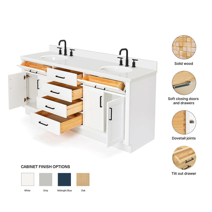 ARIEL Hepburn 72-inch Bathroom Vanity with Sink,Solid Wood, 1.5-inch Pure White Quartz Countertop &amp; Backsplash, Double Oval Porcelain Sink, 4 Soft Closing Doors, 6 Dovetail Drawers, White 