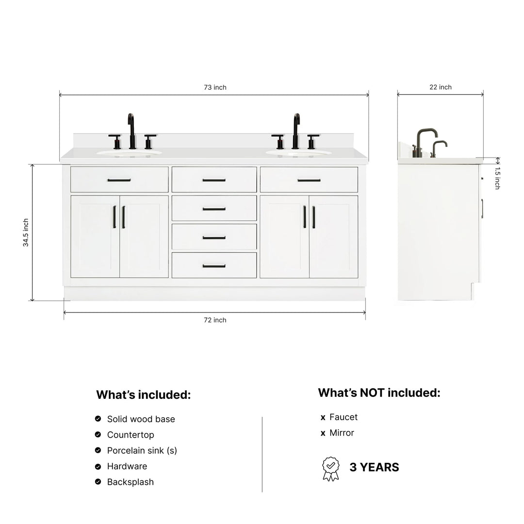 ARIEL Hepburn 72-inch Bathroom Vanity with Sink,Solid Wood, 1.5-inch Pure White Quartz Countertop &amp; Backsplash, Double Oval Porcelain Sink, 4 Soft Closing Doors, 6 Dovetail Drawers, White 