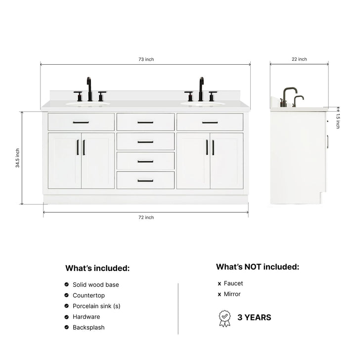 ARIEL Hepburn 72-inch Bathroom Vanity with Sink,Solid Wood, 1.5-inch Pure White Quartz Countertop &amp; Backsplash, Double Oval Porcelain Sink, 4 Soft Closing Doors, 6 Dovetail Drawers, White 