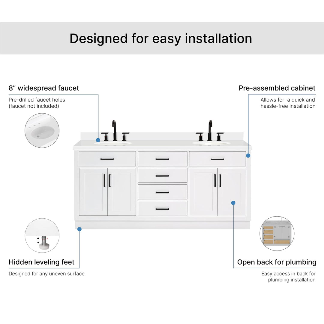 ARIEL Hepburn 72-inch Bathroom Vanity with Sink,Solid Wood, 1.5-inch Pure White Quartz Countertop &amp; Backsplash, Double Oval Porcelain Sink, 4 Soft Closing Doors, 6 Dovetail Drawers, White 