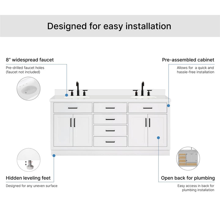 ARIEL Hepburn 72-inch Bathroom Vanity with Sink,Solid Wood, 1.5-inch Pure White Quartz Countertop &amp; Backsplash, Double Oval Porcelain Sink, 4 Soft Closing Doors, 6 Dovetail Drawers, White 