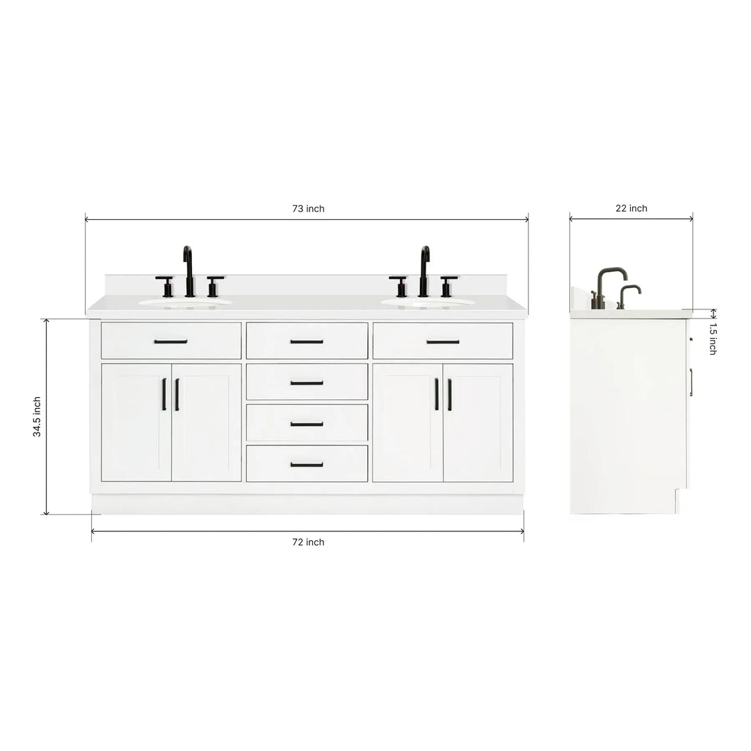 ARIEL Hepburn 72-inch Bathroom Vanity with Sink,Solid Wood, 1.5-inch Pure White Quartz Countertop &amp; Backsplash, Double Oval Porcelain Sink, 4 Soft Closing Doors, 6 Dovetail Drawers, White 