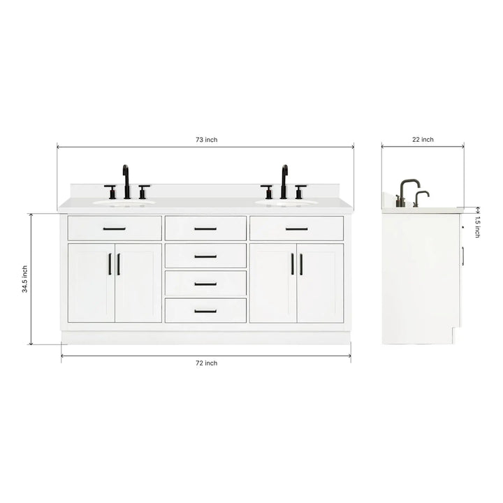 ARIEL Hepburn 72-inch Bathroom Vanity with Sink,Solid Wood, 1.5-inch Pure White Quartz Countertop &amp; Backsplash, Double Oval Porcelain Sink, 4 Soft Closing Doors, 6 Dovetail Drawers, White 