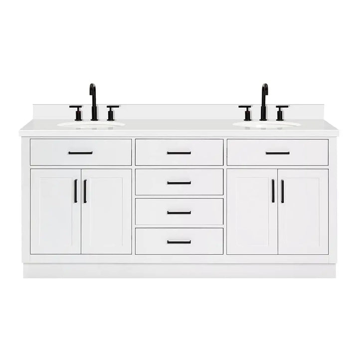 ARIEL Hepburn 72-inch Bathroom Vanity with Sink,Solid Wood, 1.5-inch Pure White Quartz Countertop &amp; Backsplash, Double Oval Porcelain Sink, 4 Soft Closing Doors, 6 Dovetail Drawers, White 