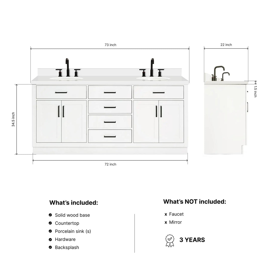 ARIEL Hepburn 72-inch Bathroom Vanity with Sink,Solid Wood, 1.5-inch Pure White Quartz Countertop &amp; Backsplash, Double Oval Porcelain Sink, 4 Soft Closing Doors, 6 Dovetail Drawers, White 