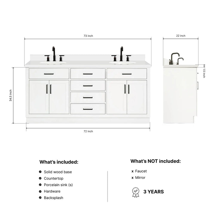 ARIEL Hepburn 72-inch Bathroom Vanity with Sink,Solid Wood, 1.5-inch Pure White Quartz Countertop &amp; Backsplash, Double Oval Porcelain Sink, 4 Soft Closing Doors, 6 Dovetail Drawers, White 