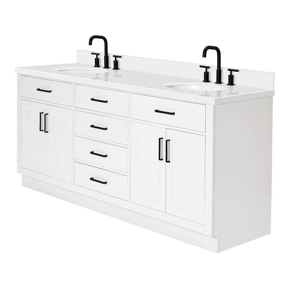 ARIEL Hepburn 72-inch Bathroom Vanity with Sink,Solid Wood, 1.5-inch Pure White Quartz Countertop &amp; Backsplash, Double Oval Porcelain Sink, 4 Soft Closing Doors, 6 Dovetail Drawers, White 