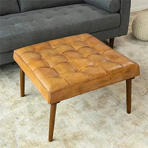 ASHCROFT Alvar Mid-Century Modern Square Ottoman, Genuine Leather - Tan ASHCROFT