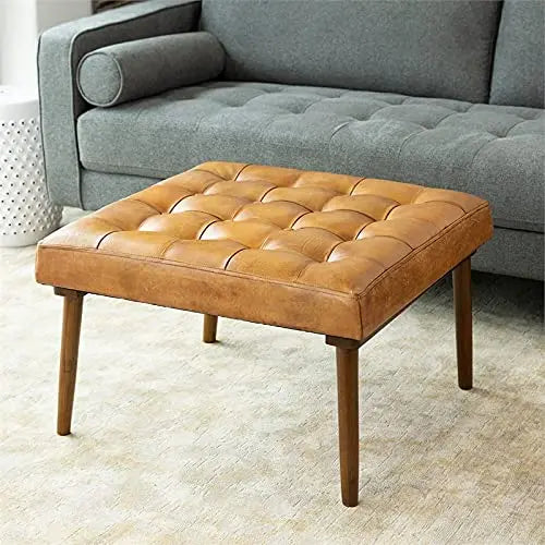 ASHCROFT Alvar Mid-Century Modern Square Ottoman, Genuine Leather - Tan ASHCROFT