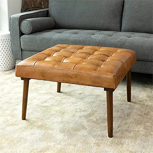 ASHCROFT Alvar Mid-Century Modern Square Ottoman, Genuine Leather - Tan ASHCROFT