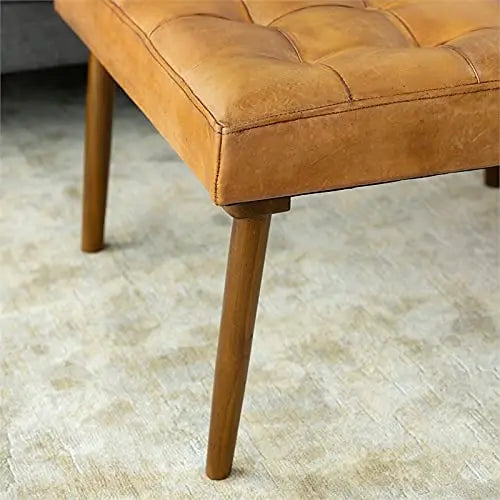 ASHCROFT Alvar Mid-Century Modern Square Ottoman, Genuine Leather - Tan ASHCROFT