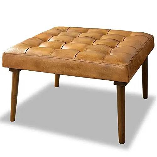 ASHCROFT Alvar Mid-Century Modern Square Ottoman, Genuine Leather - Tan ASHCROFT