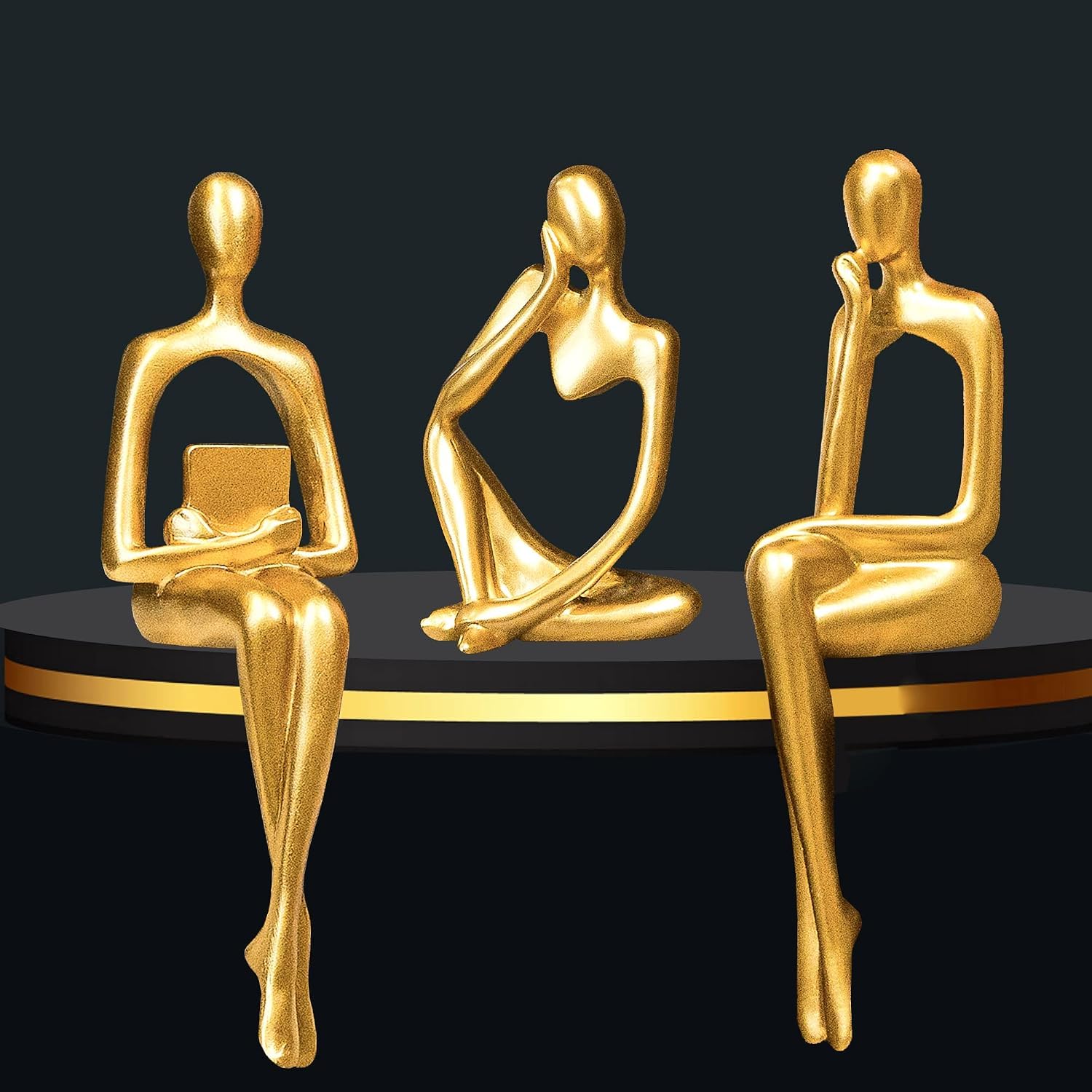 Abstract Gold Reading Thinker Statues for Book Shelf Office, Resin,Set of 3 