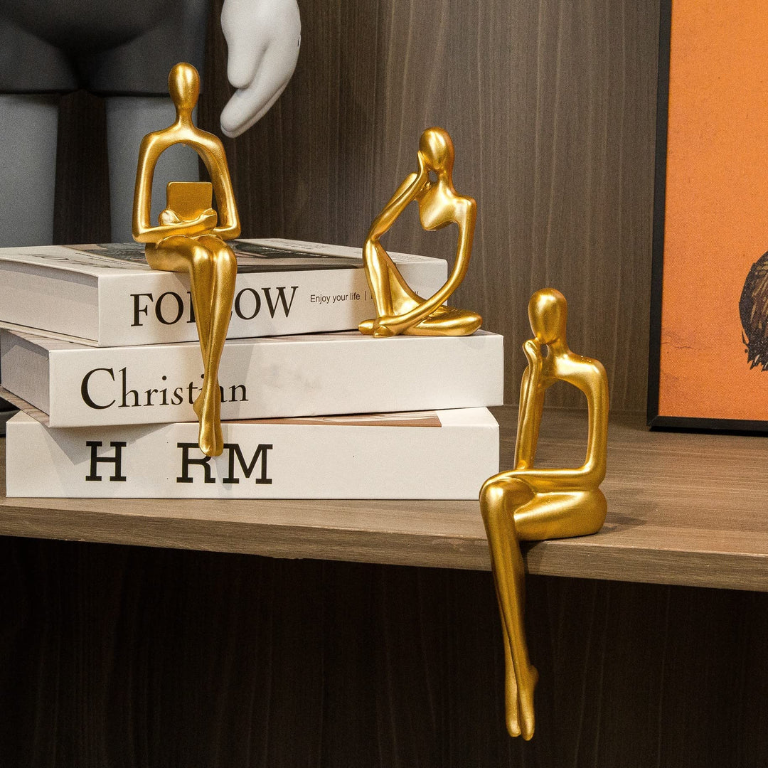 Abstract Gold Reading Thinker Statues for Book Shelf Office, Resin,Set of 3 