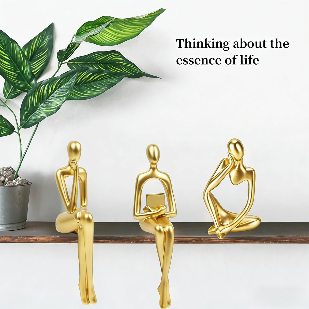 Abstract Gold Reading Thinker Statues for Book Shelf Office, Resin,Set of 3 
