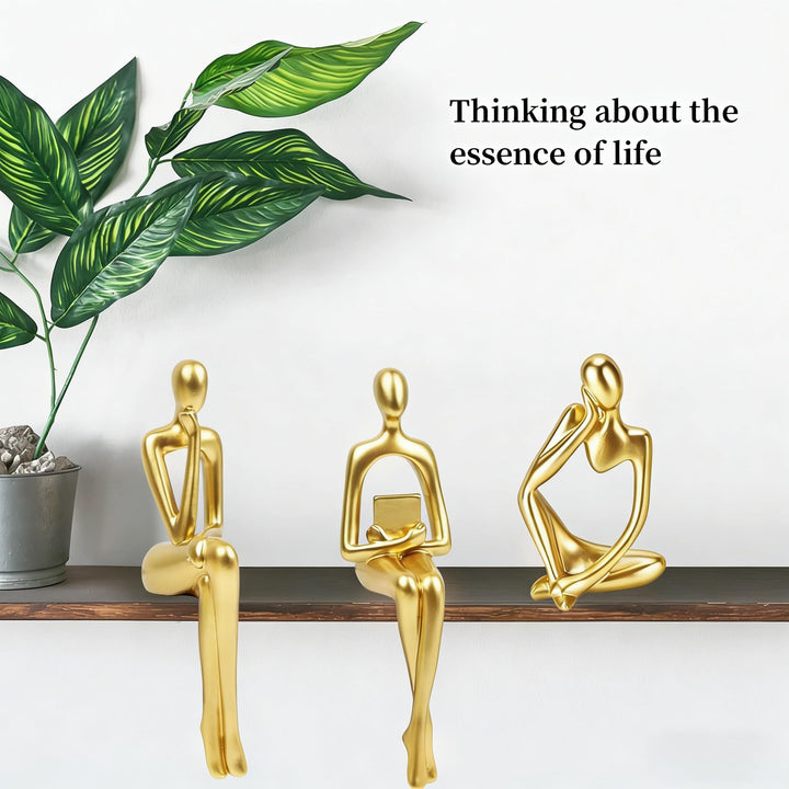 Abstract Gold Reading Thinker Statues for Book Shelf Office, Resin,Set of 3 