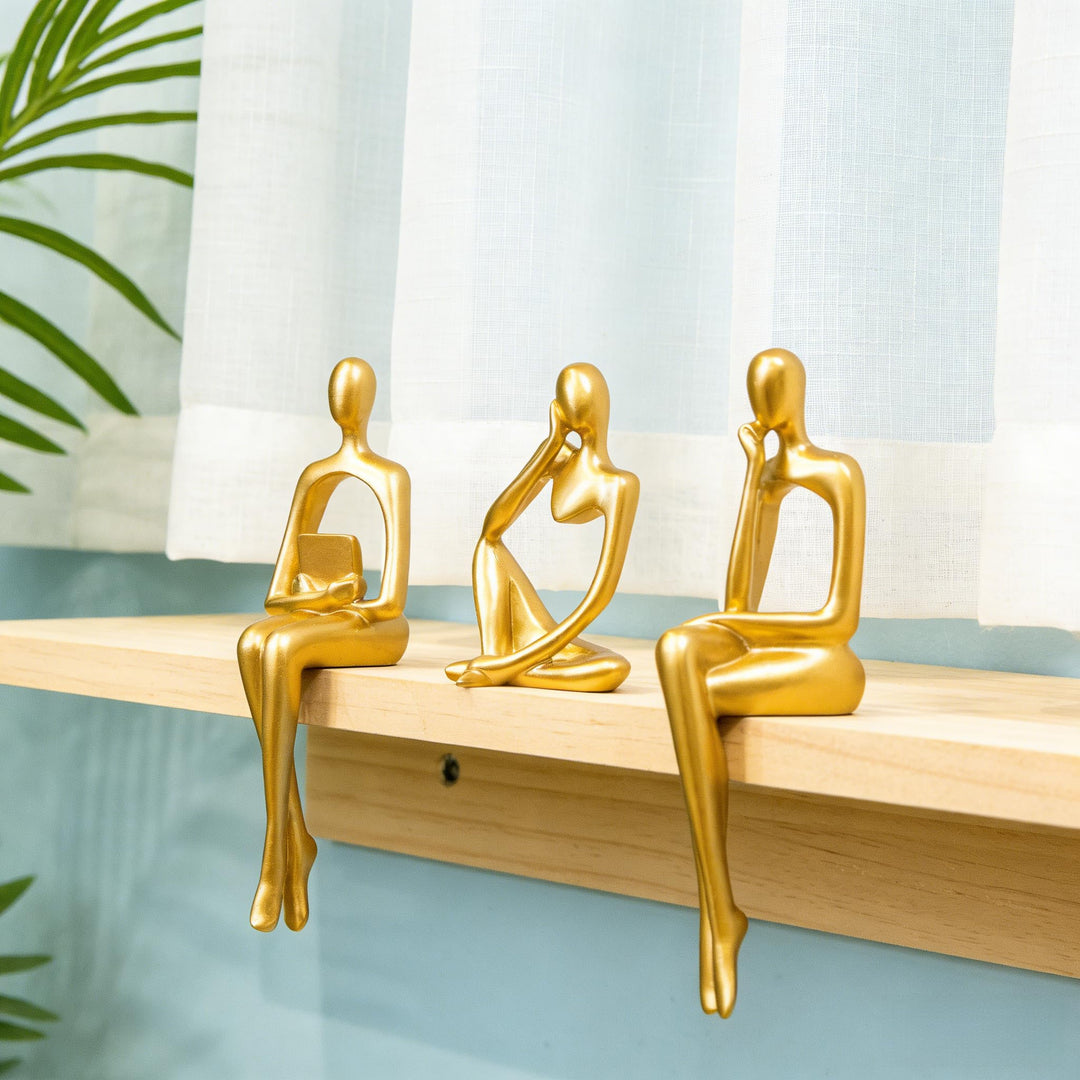 Abstract Gold Reading Thinker Statues for Book Shelf Office, Resin,Set of 3 