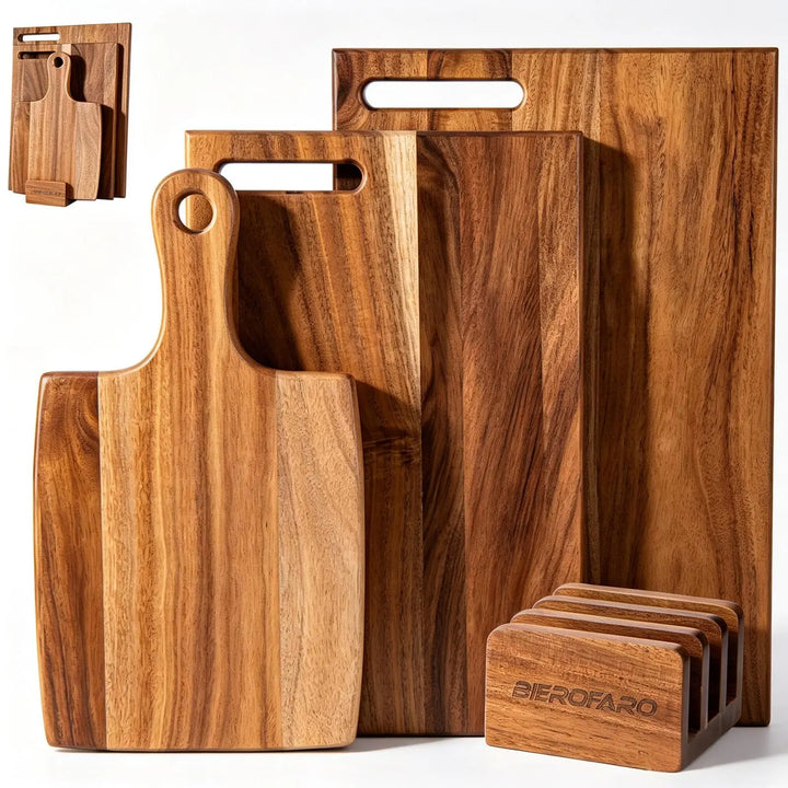 Acacia Wood Cutting Board Set of 3 with Stand, Multi-Size Wooden Chopping Boards