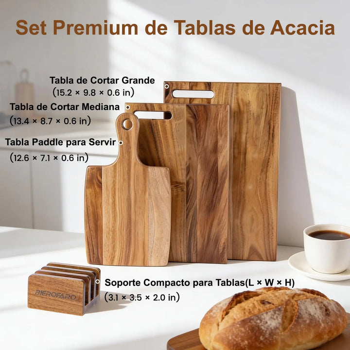 Acacia Wood Cutting Board Set of 3 with Stand, Multi-Size Wooden Chopping Boards