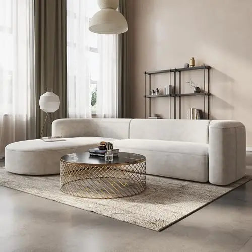 Acanva Sectional, Luxury Modern Tight Curved Back Velvet Sofa, L-Shaped - Cream