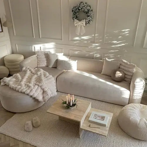 Acanva Sectional, Luxury Modern Tight Curved Back Velvet Sofa, L-Shaped - Cream