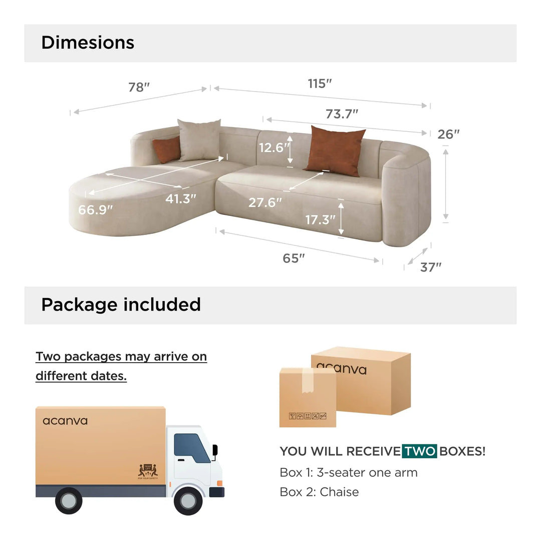 Acanva Sectional, Luxury Modern Tight Curved Back Velvet Sofa, L-Shaped - Cream