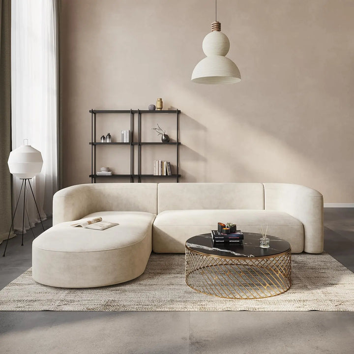 Acanva Sectional, Luxury Modern Tight Curved Back Velvet Sofa, L-Shaped - Cream