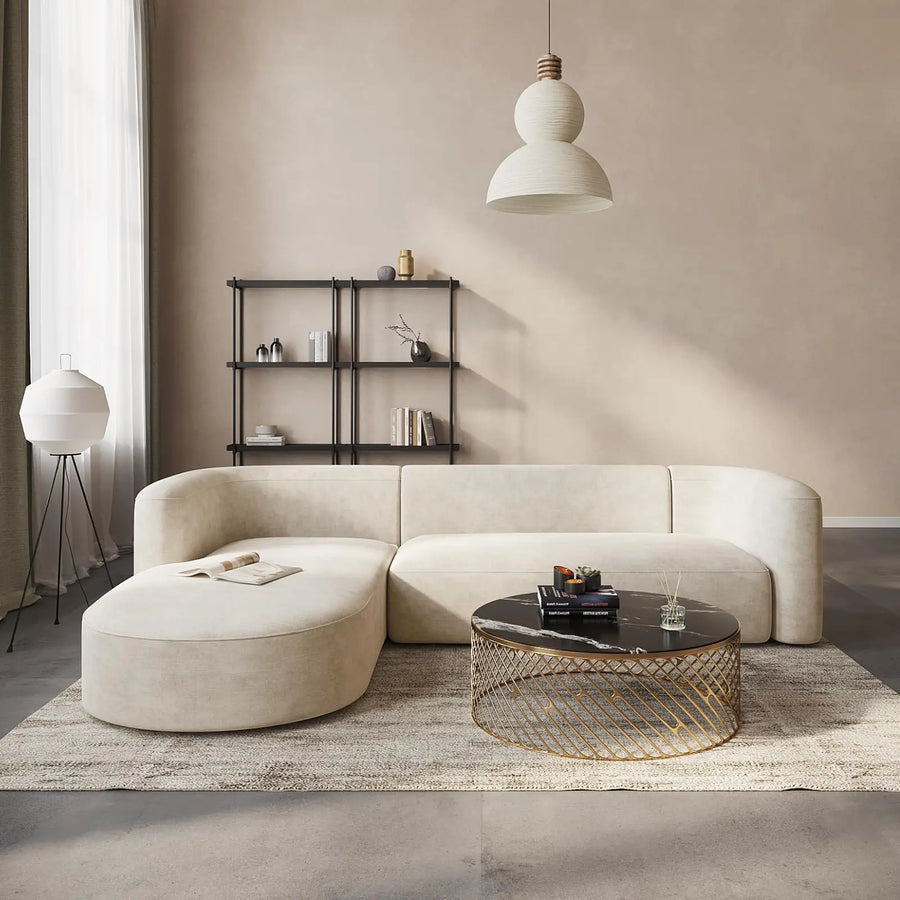 Acanva Sectional, Luxury Modern Tight Curved Back Velvet Sofa, L-Shaped - Cream