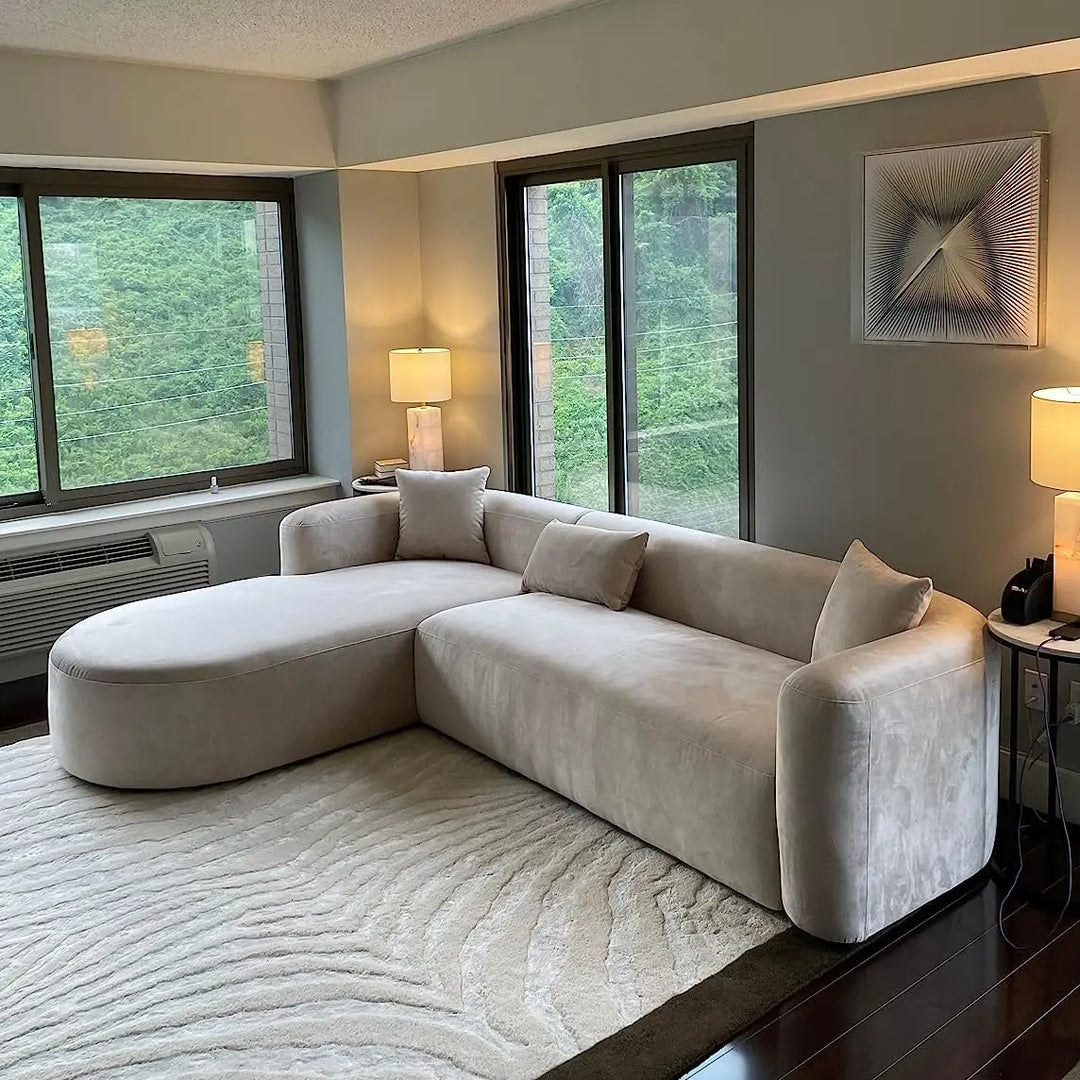 Acanva Sectional, Luxury Modern Tight Curved Back Velvet Sofa, L-Shaped - Cream