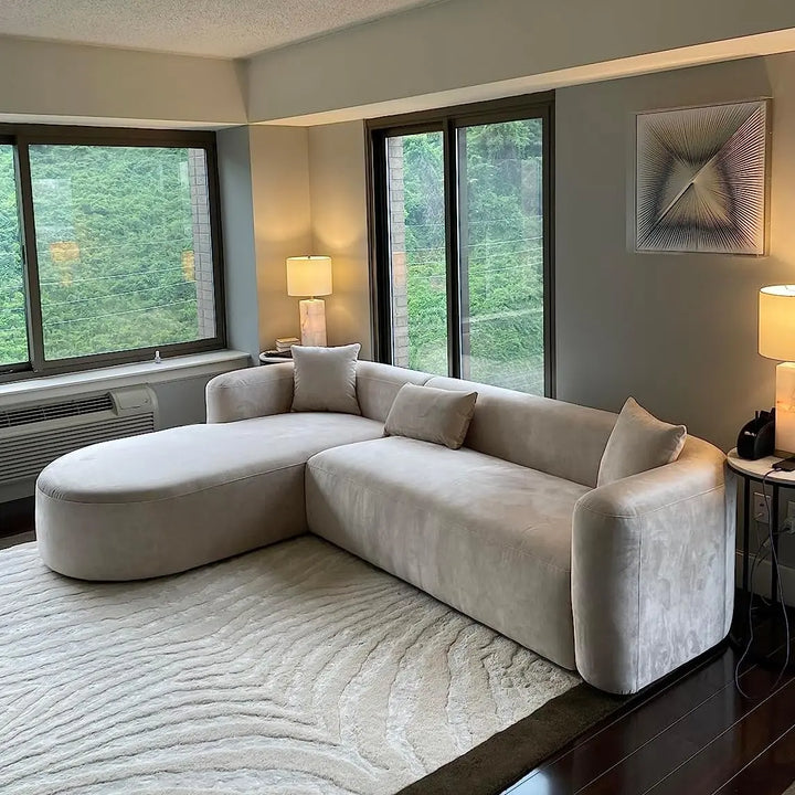 Acanva Sectional, Luxury Modern Tight Curved Back Velvet Sofa, L-Shaped - Cream