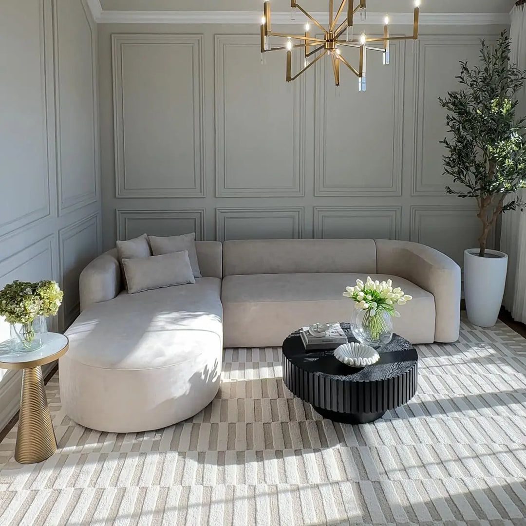 Acanva Sectional, Luxury Modern Tight Curved Back Velvet Sofa, L-Shaped - Cream