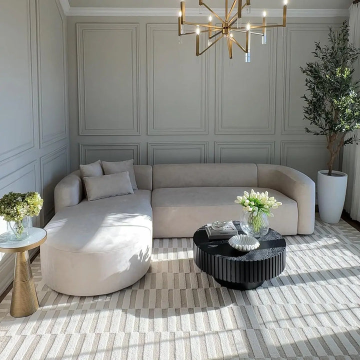 Acanva Sectional, Luxury Modern Tight Curved Back Velvet Sofa, L-Shaped - Cream