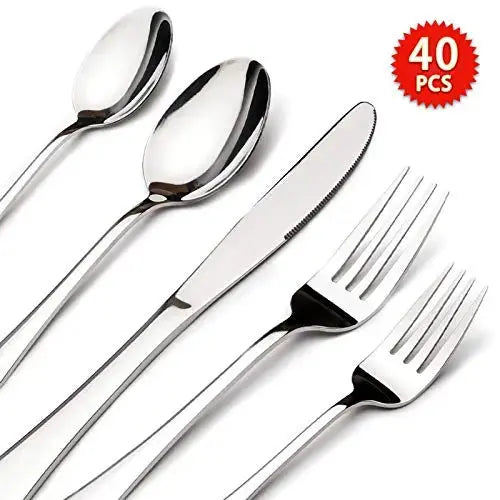 Acnusik Flatware, 40-Piece Stainless Steel Flatware Silverware Set - Silver