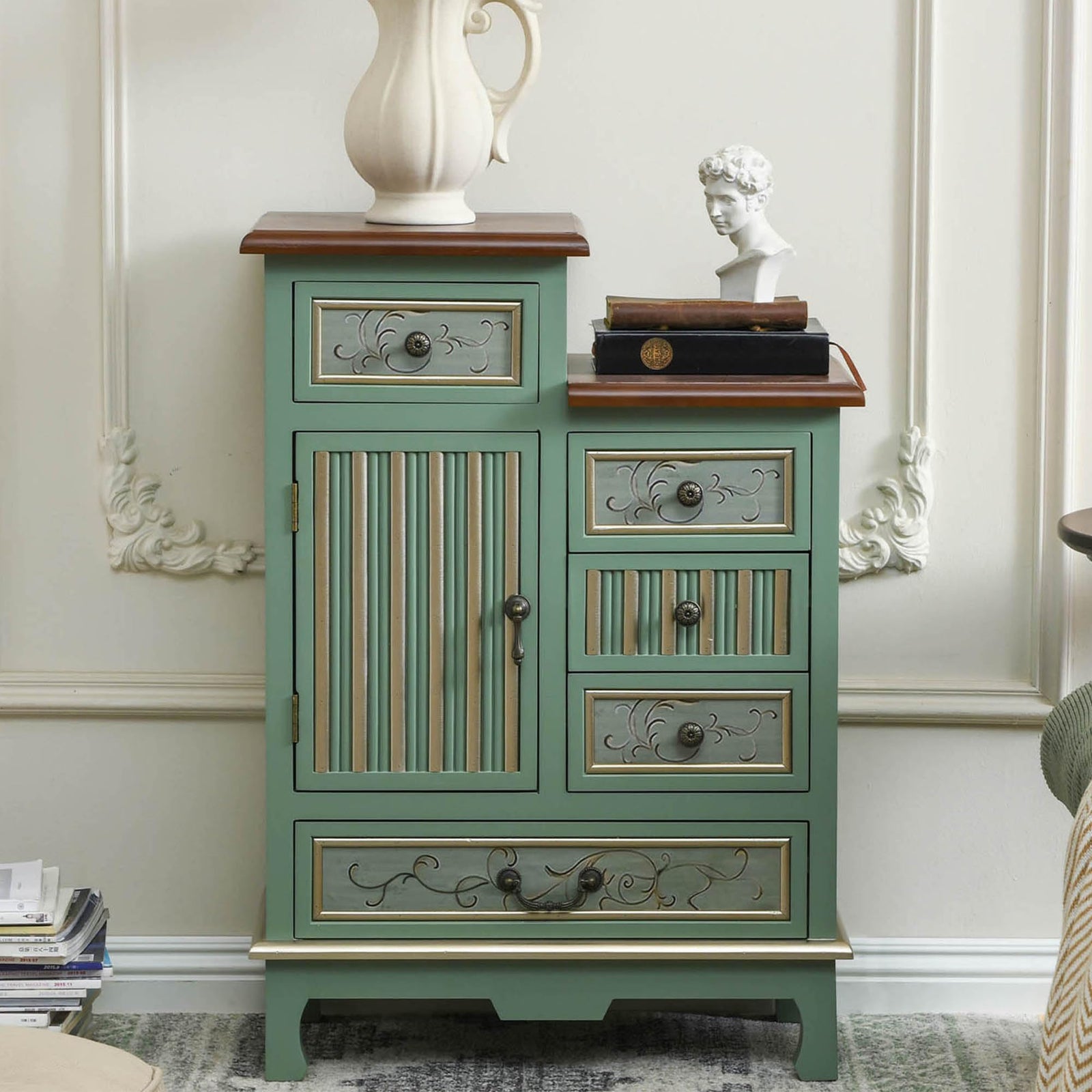 Ahokua Vintage Accent Chest with 5-Drawers and Door Carved Wood Storage Cabinet Modern Dresser for Living Room, Entryway, Hallway, Sage Green 